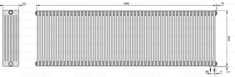 Схема (чертеж) Радиатор Zehnder Charleston 6300/51 №5510 Белый глянцевый RAL 9016